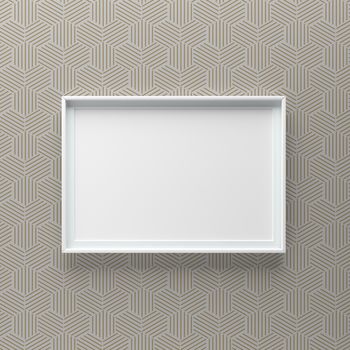 Elegant picture frame standing on wall with hexagonal lines pattern. Design element. 3D render, light from top