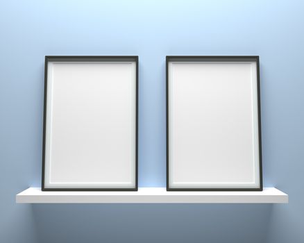 Elegant and minimalistic picture frame standing on baby blue wall. Design element. 3D render