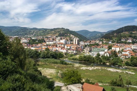 Panorama of Bijelo Polje on river Lim, towm citi municipality in Northern Montenegro (Бијело Поље)