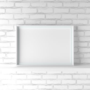 Elegant and minimalistic landscape picture frame standing on white painted brick wall. Design element. 3D render