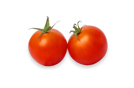 two red tomatoes isolated on the white background. Cherry tomato is a small that has a sweet, firm texture and has a pleasant aroma. And contains beta-carotene, vitamin C and high vitamin E.