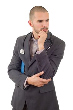 male doctor thinking with his notes, isolated over white background