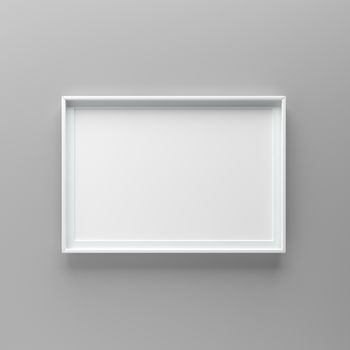 Elegant and minimalistic picture frame standing on gray wall. Design element. 3D render, light from top