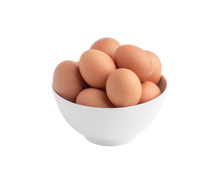 Raw chicken eggs in the white bowl isolated on the white background with clipping paths