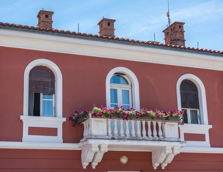 Balcony on the town hall in the coastal town of Novigrad in Croatia
