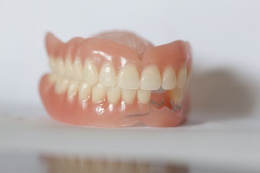 The artificial acrilyc medical denture on white background