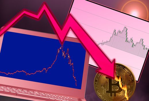 Concept of bitcoin or cyber currency on fire as price crash occurs. Laptop shows falling price graph