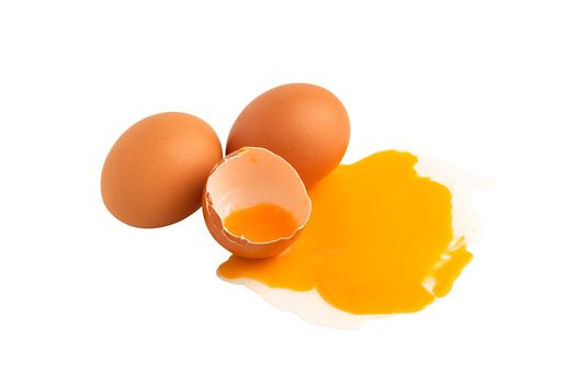 Raw chicken eggs broken and yolks egg isolated on the white background with clipping paths