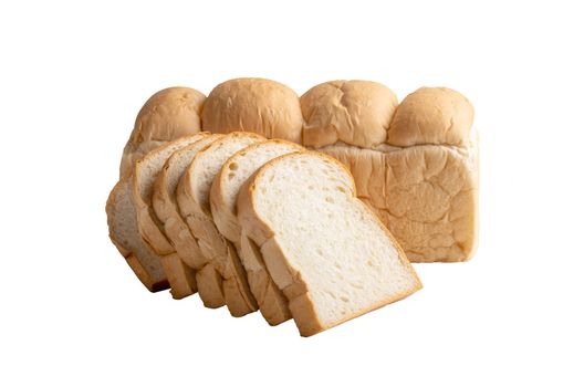 Breads isolated on the white background with clipping paths. Bread is a food made from wheat flour mixed with water and yeast or baking powder.