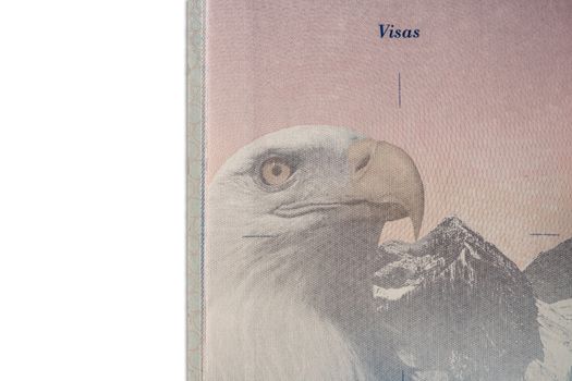 Detail of the visa page in a US passport against a white background