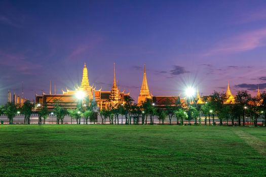 Wat Phra Kaew (The Emerald Buddha) night view in Thailand