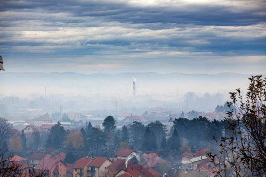 Fog, smoke, smog and air pollution, Serbia, Valjevo city, Europe