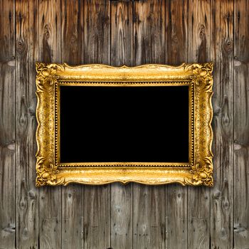Retro Picture Frame Old Gold on wood background, black inside mockup