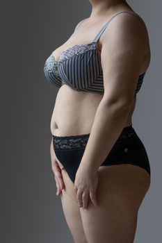 Woman Real Body Plus size Model in lingerie posign, imperfect nonideal