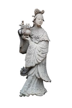 wooden statue of a woman with a jug on white background and clipping path
