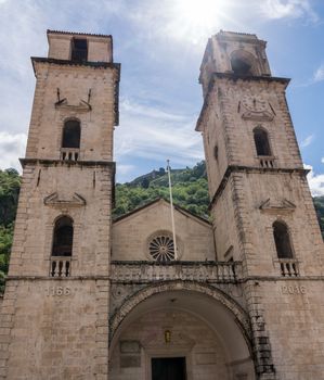 Twin towers of St Tryphon church in old town Kotor in Montenegro