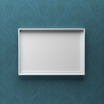 Elegant picture frame standing on wall with blue pattern. Design element. 3D render, light from top