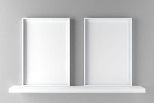 Two fundamental and elegant frames standing on shelf, mock up poster on wall. 3D illustration render