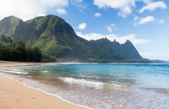 View down the sand at Tunnels Beach in winter on Hawaiian island of Kauai on North Shore