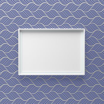 Elegant picture frame standing on wall with wave pattern. Design element. 3D render, light from top