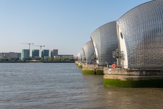 Detail of the Thames Barrier in docklands of London near Greenwich