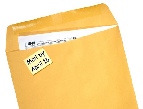 Printed copy of Form 1040 for income tax return for 2018 with reminder for April 15, 2019 deadline