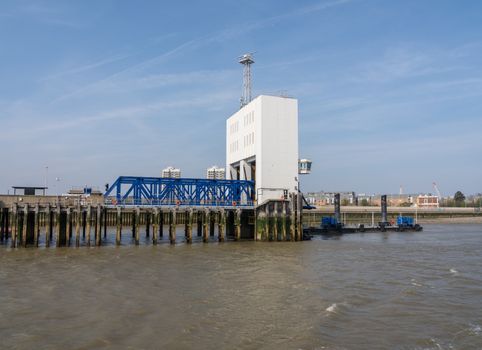 LONDON, UK - 15 APRIL 2018: Terminal in North Woolwich of the free Woolwich Ferry across the Thames in London