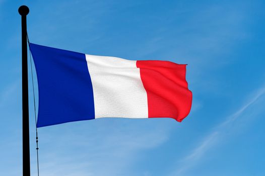 French Flag waving over blue sky (3D rendering)