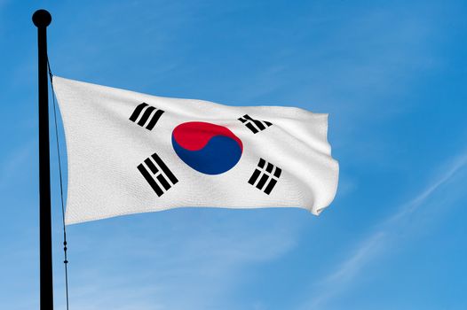 South Korea Flag waving over blue sky (3D rendering)