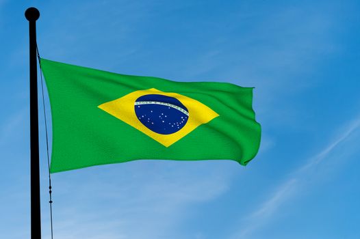 Brazil Flag waving over blue sky (3D rendering)