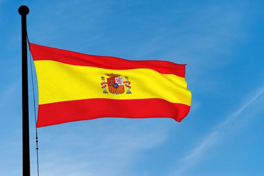 Spanish Flag waving over blue sky (3D rendering)