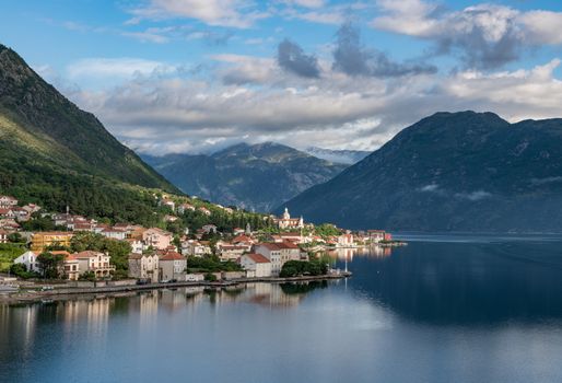 Small village of Prcanj on coastline of Gulf of Kotor in Montenegro