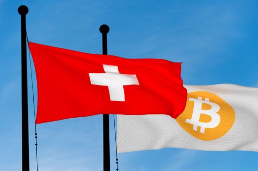 Swiss flag and Bitcoin Flag waving over blue sky (3D rendering)