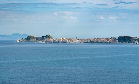 Panorama of port and old town of Kerkyra from sea