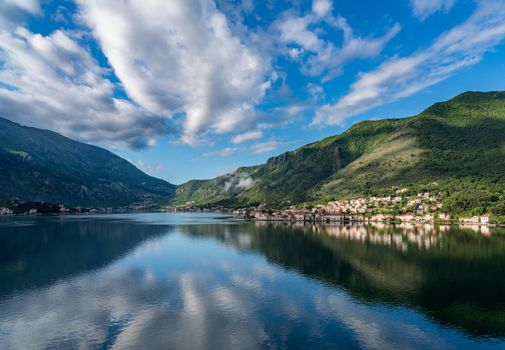 Small village of Prcanj on coastline of Gulf of Kotor in Montenegro