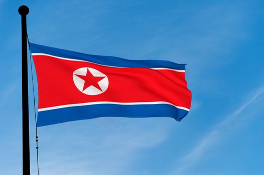 North Korean Flag waving over blue sky (3D rendering)