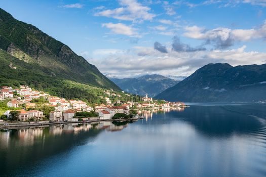 Small village of Prcanj on coastline of Gulf of Kotor in Montenegro
