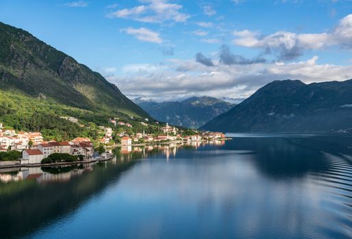Small village of Prcanj on coastline of Gulf of Kotor in Montenegro