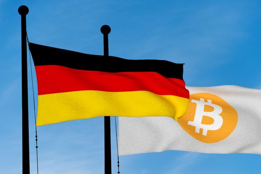 German flag and Bitcoin Flag waving over blue sky (3D rendering)