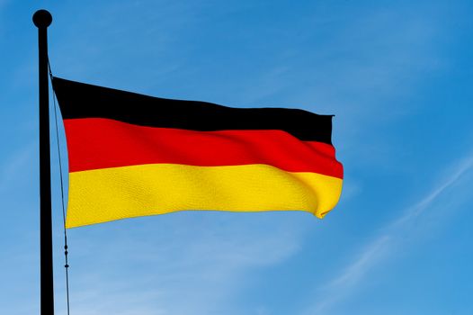 German Flag waving over blue sky (3D rendering)