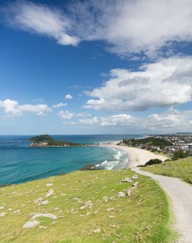 View of the coastline and town of Tauranga from the Mount in New Zealand