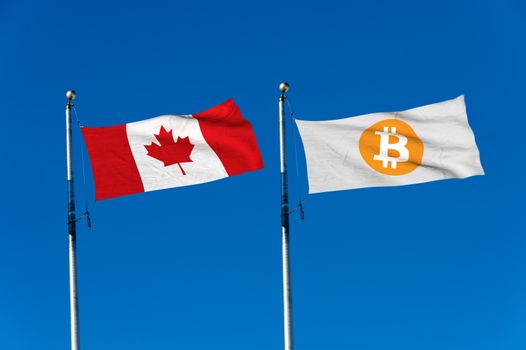 Canada flag and Bitcoin Flag waving over blue sky (digitally generated image)