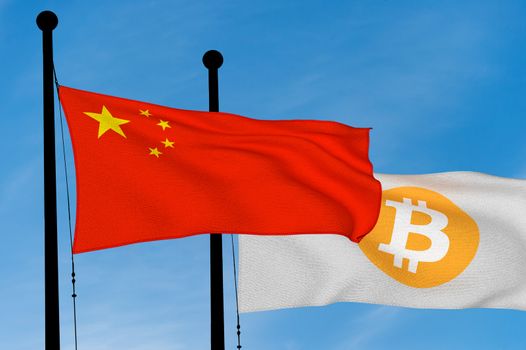 China flag and Bitcoin Flag waving over blue sky (digitally generated image)
