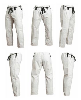 different angle of trousers from sports kimono for training, isolated on white background