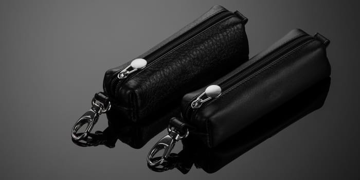 leather key case with zipper on black background