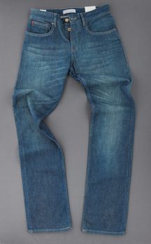 fashionable denim pants on grey background, top view