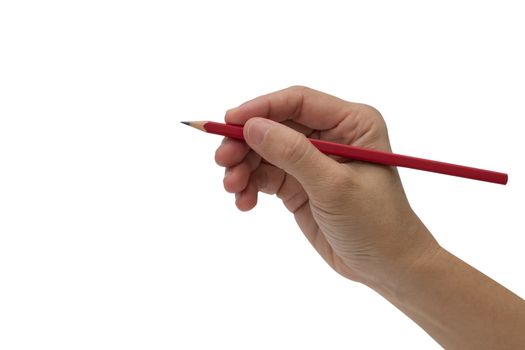 Female hand with red color pencil isolated on white background.