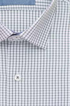 checkered shirt, detailed close-up collar and button, top view