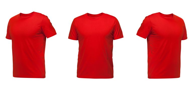 Red sleeveless T-shirt. t-shirt front view three positions on a white background
