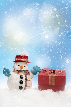 A snowman  on bokeh with copy space for season greeting Merry Christmas, AF point selection,